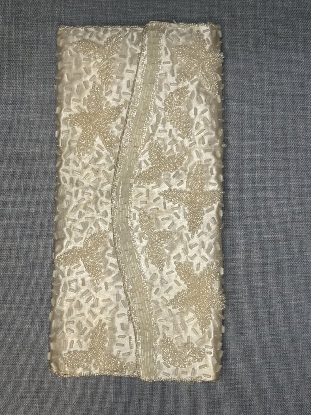 Vtg 50s ivory Hong Kong Beaded Envelope Clutch Purse Evening Bag Sequin Handbag